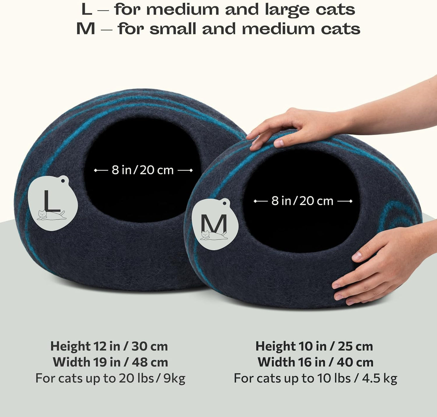 Premium Handmade Merino Wool Cat Cave Bed for Indoor Cats (Large, Black Aqua)