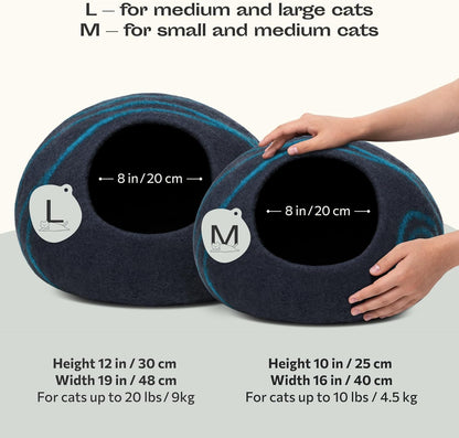 Premium Handmade Merino Wool Cat Cave Bed for Indoor Cats (Large, Black Aqua)