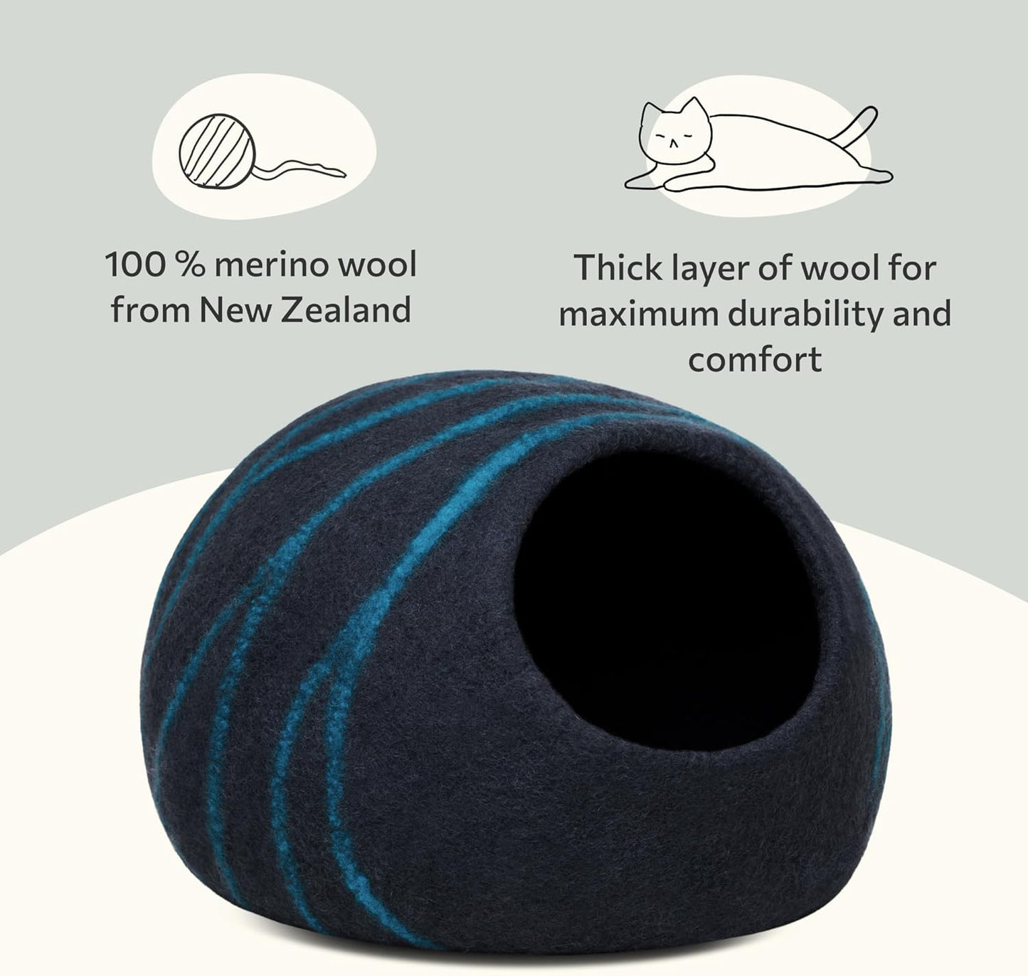 Premium Handmade Merino Wool Cat Cave Bed for Indoor Cats (Large, Black Aqua)