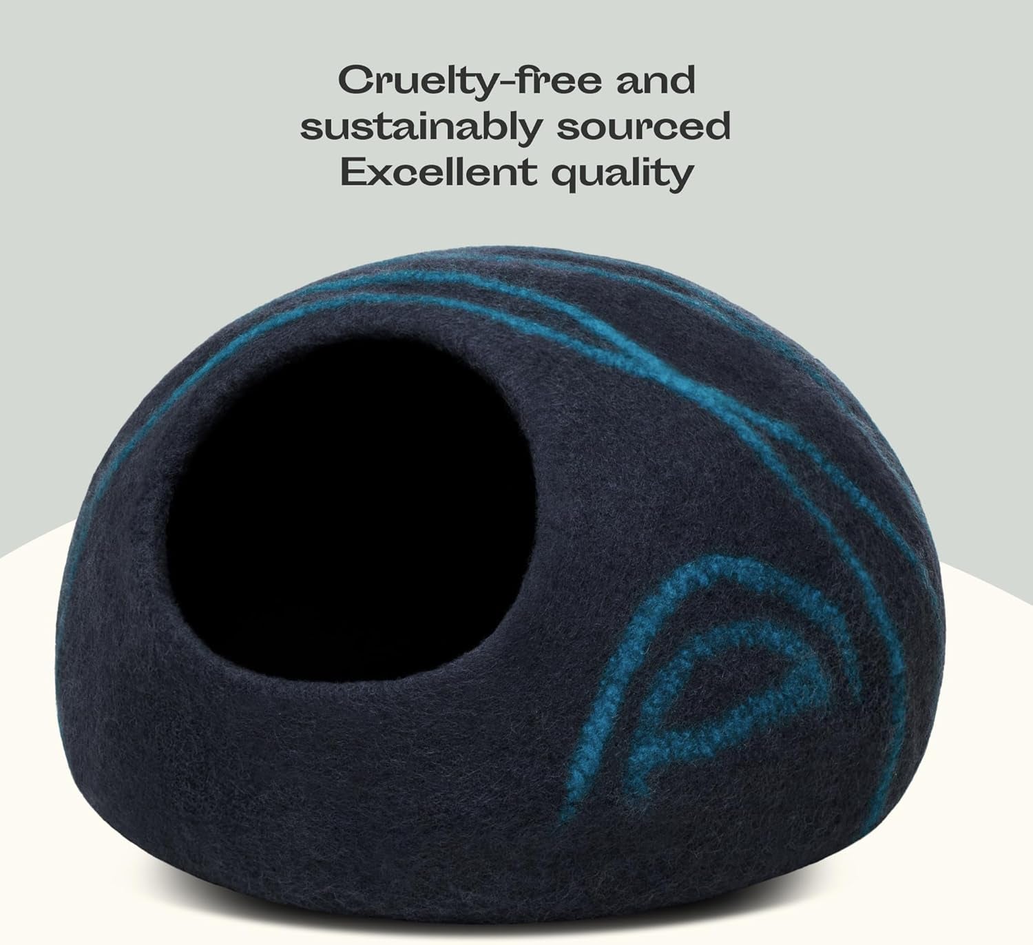 Premium Handmade Merino Wool Cat Cave Bed for Indoor Cats (Large, Black Aqua)