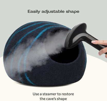 Premium Handmade Merino Wool Cat Cave Bed for Indoor Cats (Large, Black Aqua)