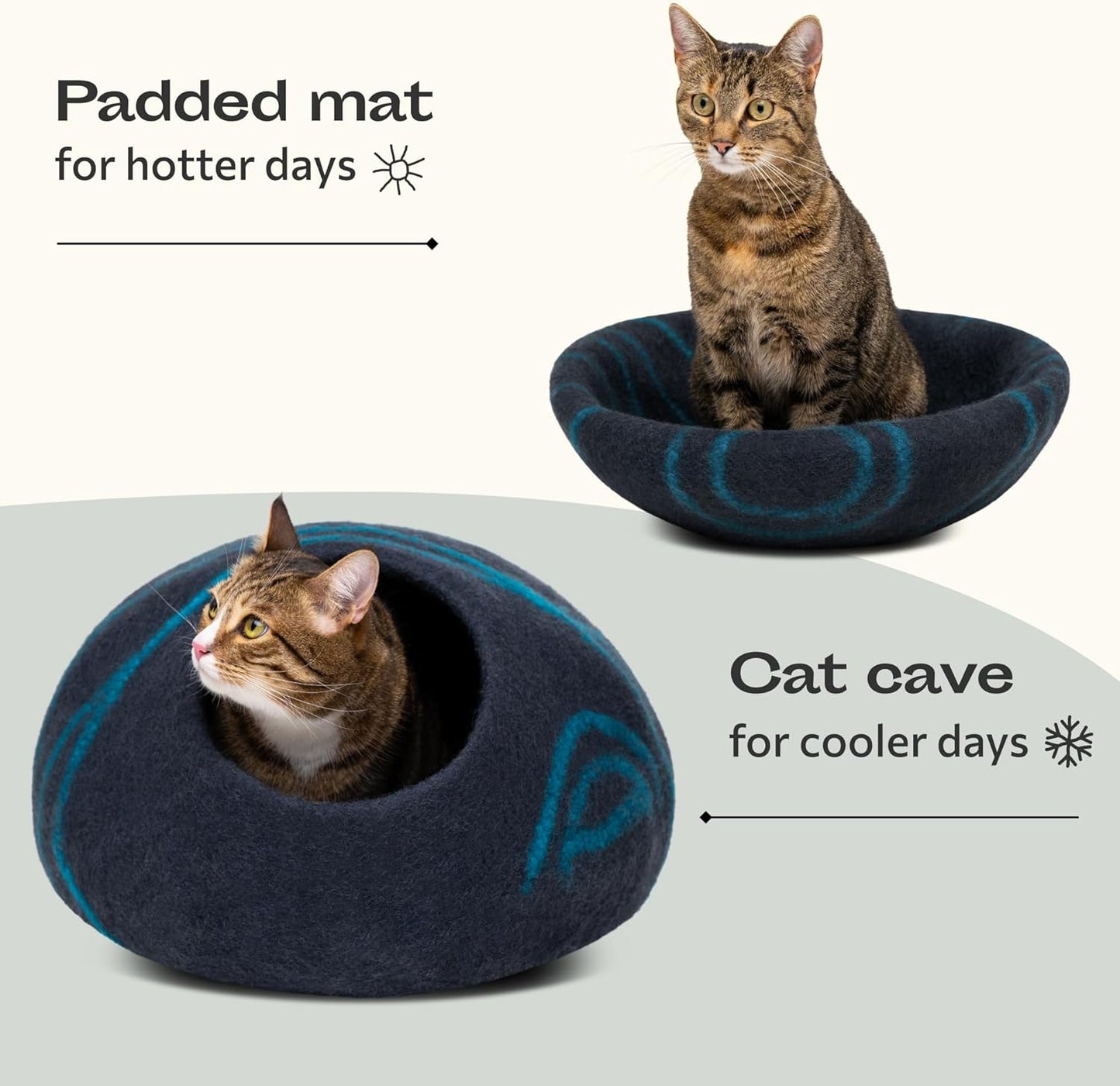 Premium Handmade Merino Wool Cat Cave Bed for Indoor Cats (Large, Black Aqua)