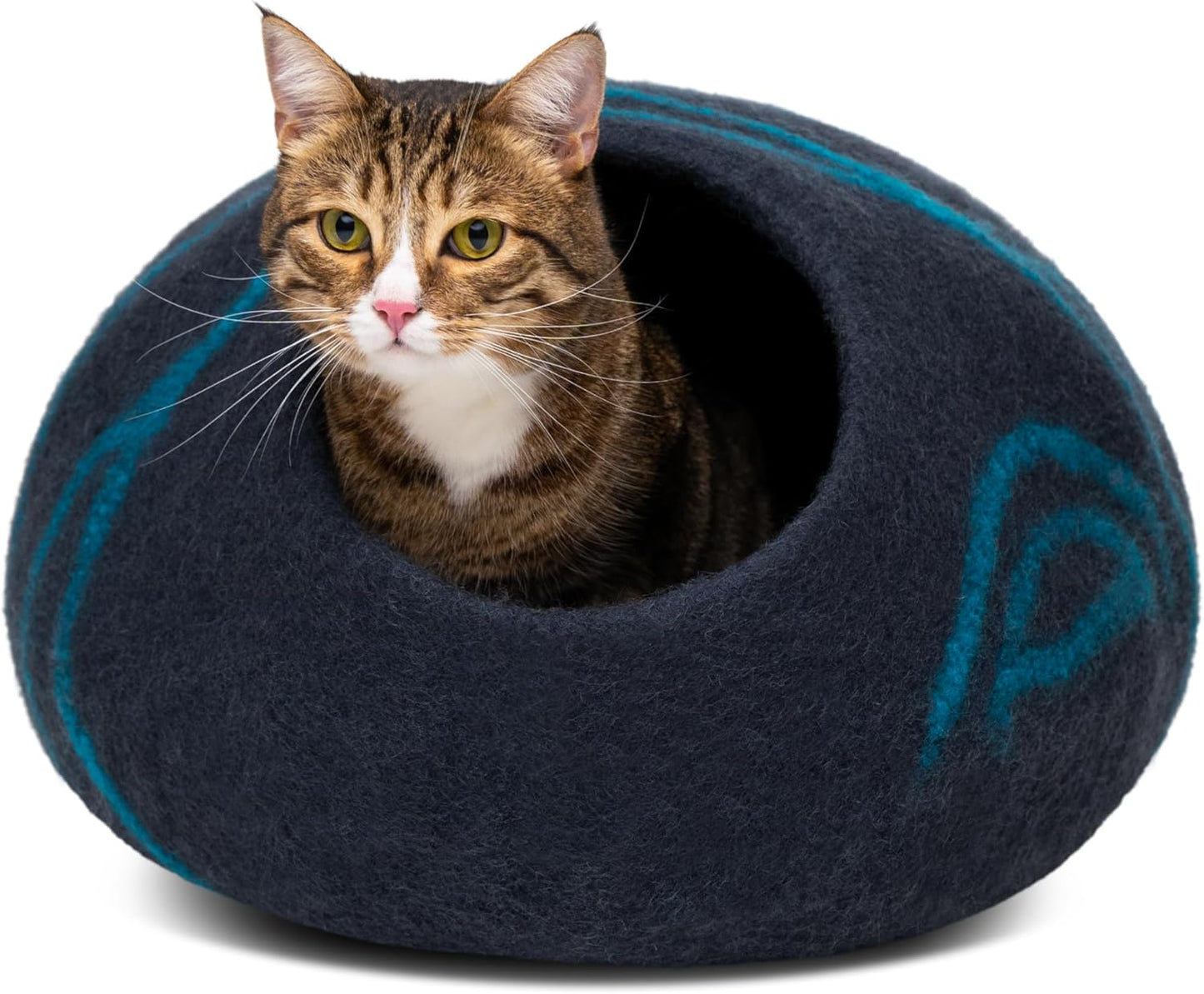 Premium Handmade Merino Wool Cat Cave Bed for Indoor Cats (Large, Black Aqua)