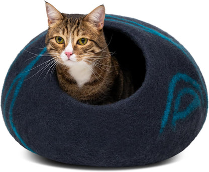 Premium Handmade Merino Wool Cat Cave Bed for Indoor Cats (Large, Black Aqua)