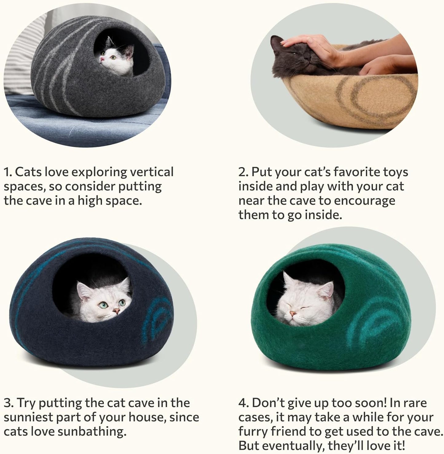 Premium Handmade Merino Wool Cat Cave Bed for Indoor Cats (Large, Black Aqua)