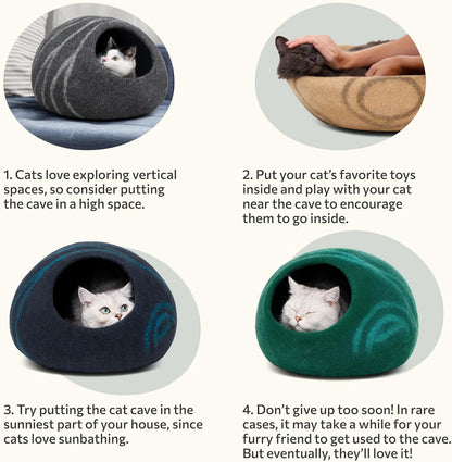 Premium Handmade Merino Wool Cat Cave Bed for Indoor Cats (Large, Black Aqua)